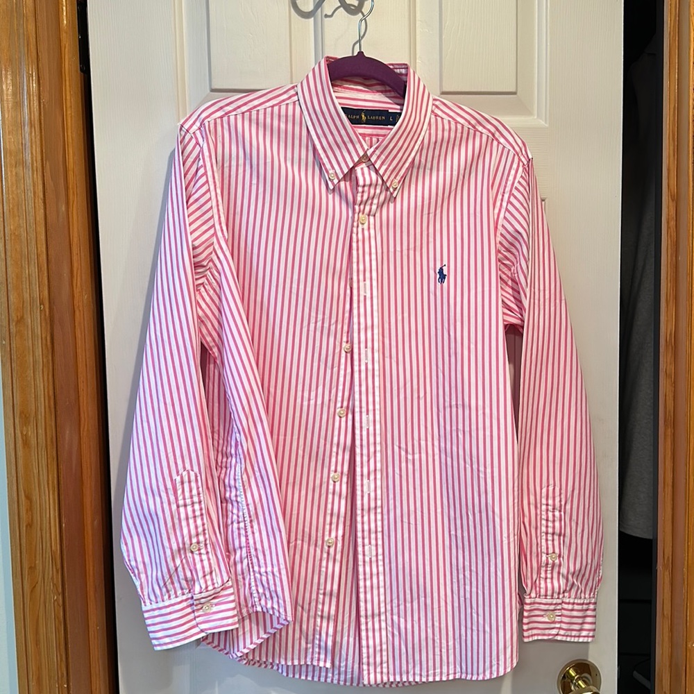Ralph Lauren pink and white long sleeve cotton button down collared shirt.